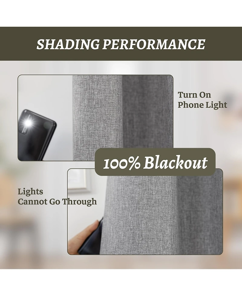 100% Blackout Linen Texture Curtains with Grommet Top, 2 Panels