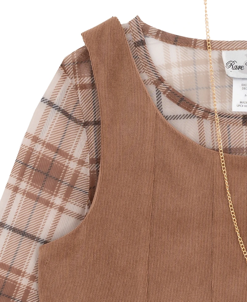 Rare Editions Big Girl 2-Piece Corduroy Dress over Plaid Mesh Top with Necklace Set