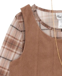 Rare Editions Big Girl 2-Piece Corduroy Dress over Plaid Mesh Top with Necklace Set