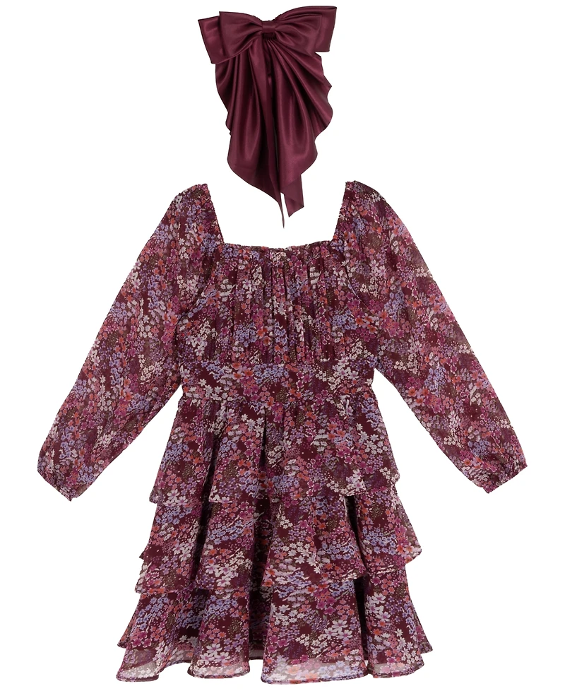 Rare Editions Big Girls Floral Chiffon Dress with Hair Accessory