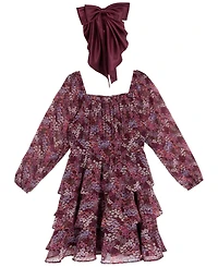 Rare Editions Big Girls Floral Chiffon Dress with Hair Accessory