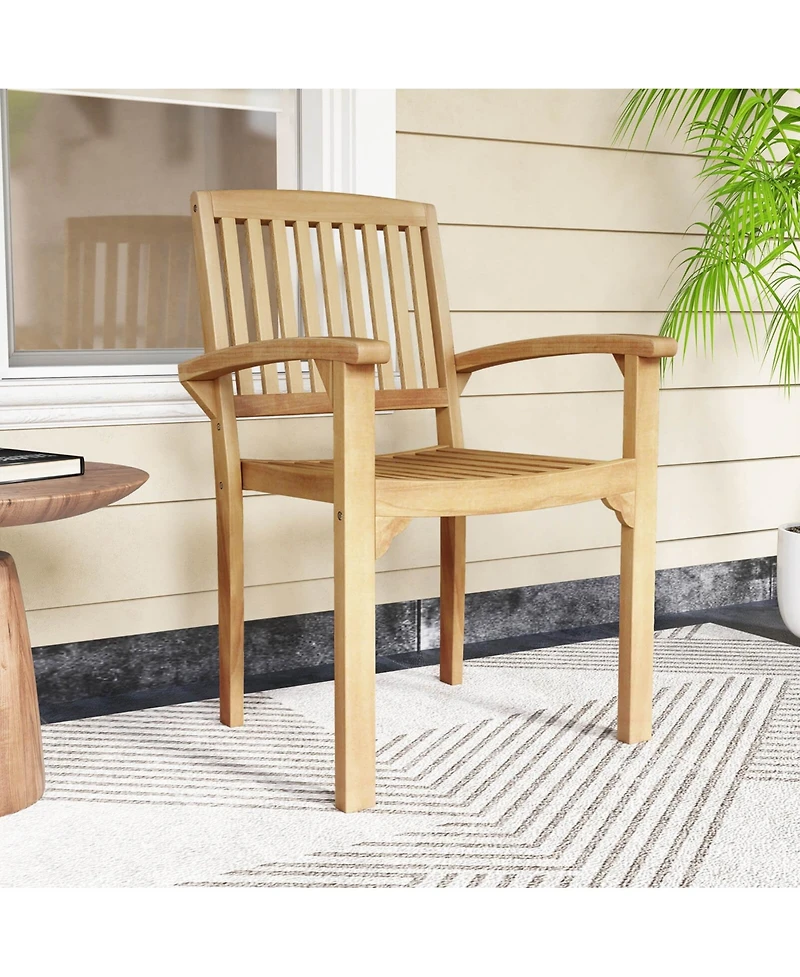 Outdoor Patio Chair Teak Wood Armchair with Slatted Seat & Curved Seat