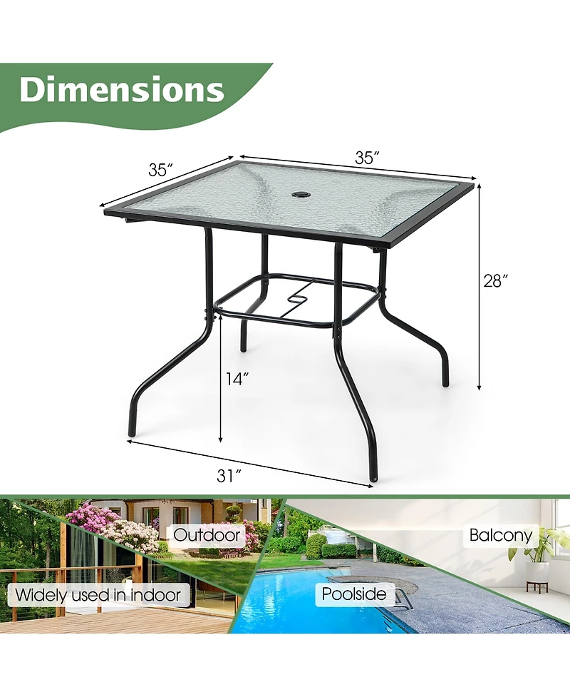 Gymax 35'' Patio Dining Table Square Outdoor Dining Table with Tempered Glass Tabletop