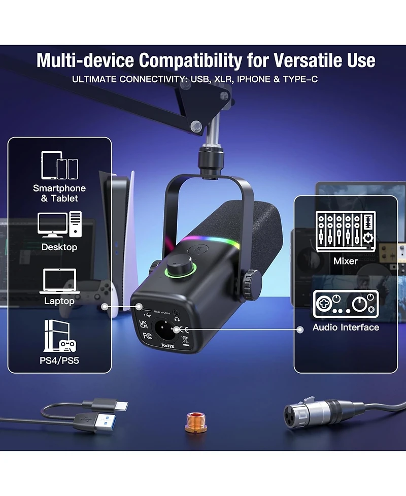 Xlr/Usb Dynamic Microphone for Gaming Podcast,Mic for iPhone Phone Pc Computer Gaming Streaming Microphone with Rgb Light,Mute Button,Mic Gain,Headpho