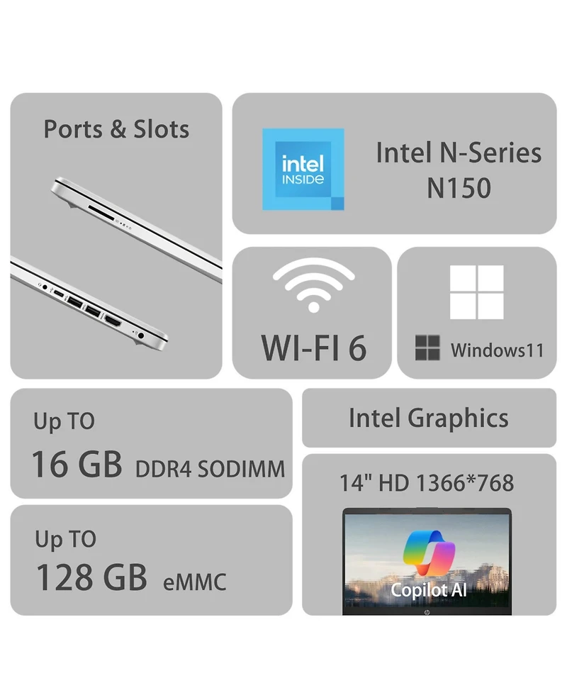 Hp Essential 14" Entry Traditional Laptop Intel N-Series N150 4GB Ram Intel Graphics 128GB eMMC Storage Windows 11 Home Hd 60Hz - Silver
