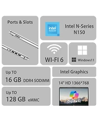Hp Essential 14" Entry Traditional Laptop Intel N-Series N150 4GB Ram Intel Graphics 128GB eMMC Storage Windows 11 Home Hd 60Hz - Silver