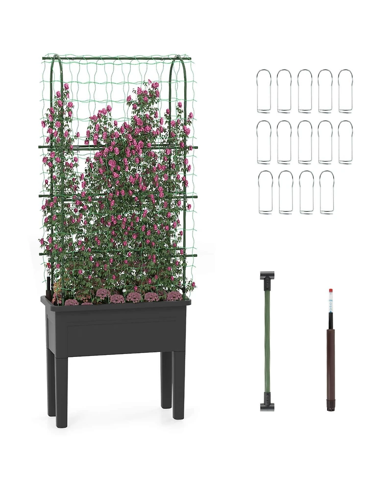 Raised Garden Bed Planter Box with Climbing Trellis Water Level Indicator