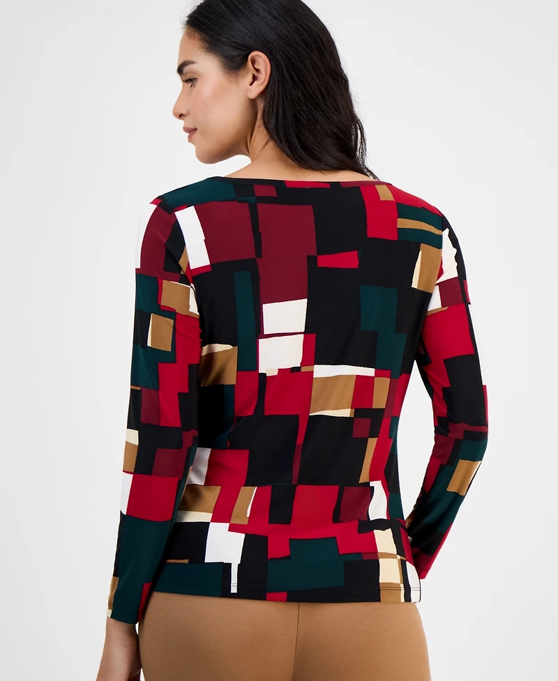 Ak Anne Klein Petite Printed Ruched-Front Long-Sleeve Top