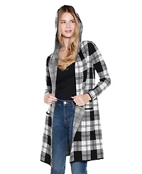 Belldini Women's Hooded Checkered Plaid Coatigan Sweater