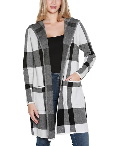 Belldini Women's Hooded Plaid Coatigan Sweater