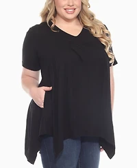 White Mark Plus Short Sleeve Shirred Front Knit Top