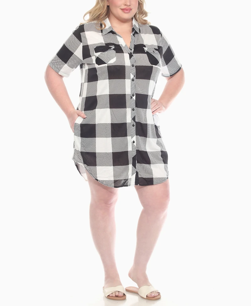 White Mark Plus Short Sleeve Plaid Button-Down Shirt Dress