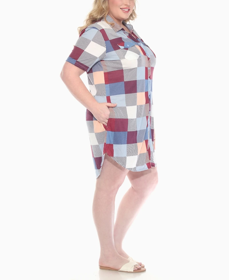 White Mark Plus Short Sleeve Plaid Button-Down Shirt Dress