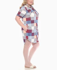 White Mark Plus Short Sleeve Plaid Button-Down Shirt Dress