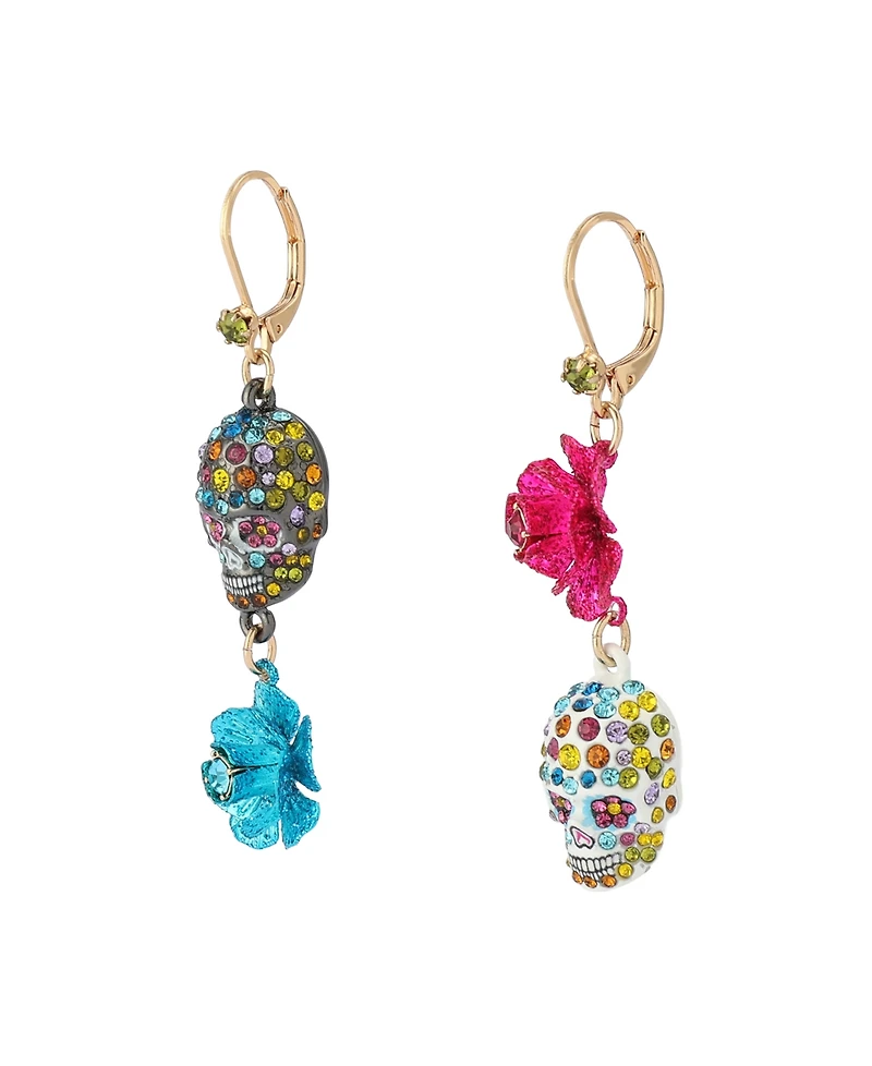 Betsey Johnson Faux Stone Sugar Skull Flower Mismatch Earrings - Multi