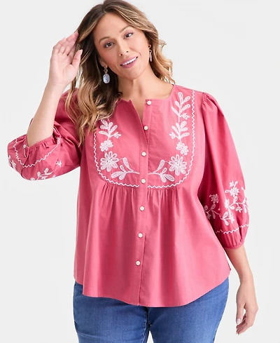 Style & Co Plus Cotton Embroidered 3/4-Sleeve Blouse, Macy's Exclusive