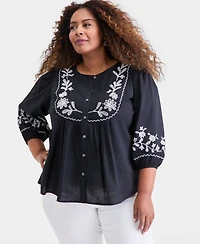Style & Co Plus Cotton Embroidered 3/4-Sleeve Blouse, Macy's Exclusive