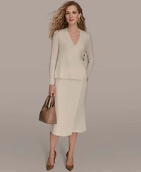 Donna Karan New York Womens Ribbed V Neck Long Sleeve Sweater Knit Wrap Midi Skirt