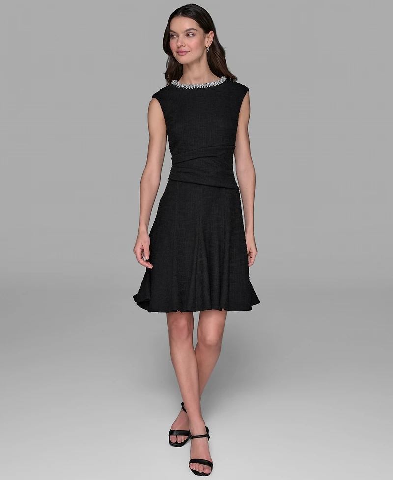 Karl Lagerfeld Paris Women's Stretch Textured Knit with Embellished Neck