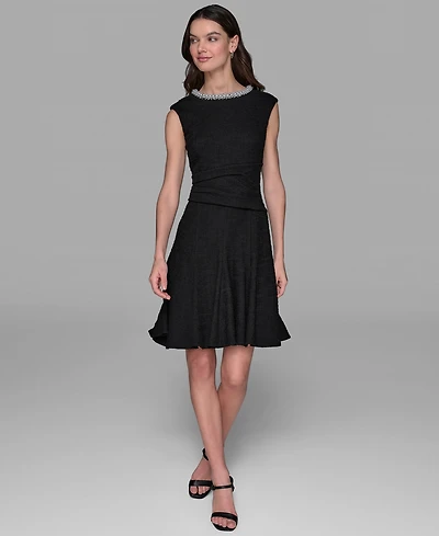 Karl Lagerfeld Paris Women's Stretch Textured Knit with Embellished Neck