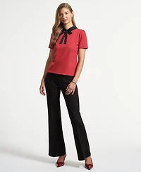 Isaac Mizrahi Women's Satin Bow Neck Peter Pan T-Shirt