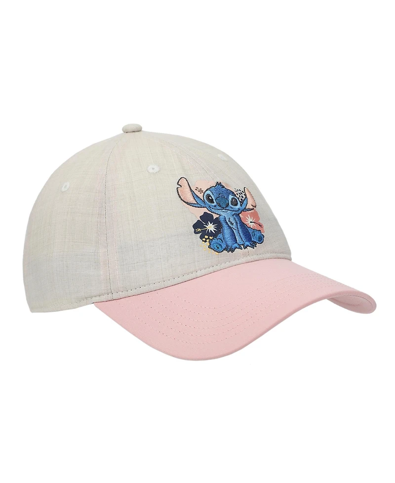 Disney Stitch Embroidered Character & Flowers Women's White & Pink Unstructured Baseball Cap