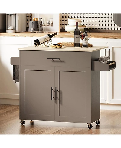 Ironck Rolling Kitchen Island Table on Wheels with Solid Wood Top, Dark Gray