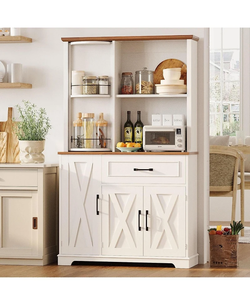 Ironck Farmhouse Kitchen Pantry Cabinet with Charging Station, White