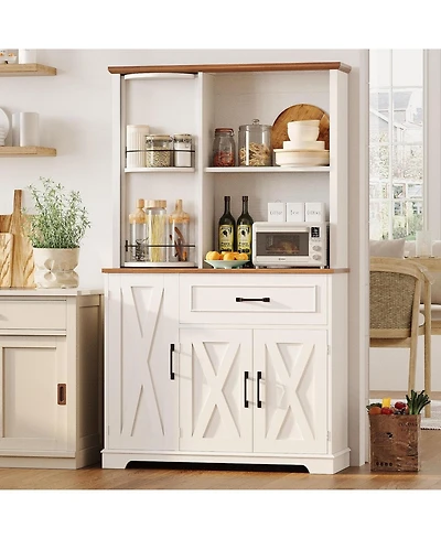 Ironck Farmhouse Kitchen Pantry Cabinet with Charging Station, White