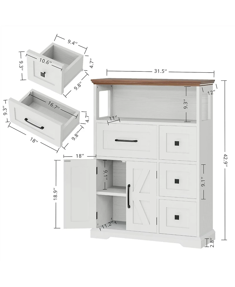 Farmhouse Storage Cabinet with 4 Drawers & Shelves, White/Walnut