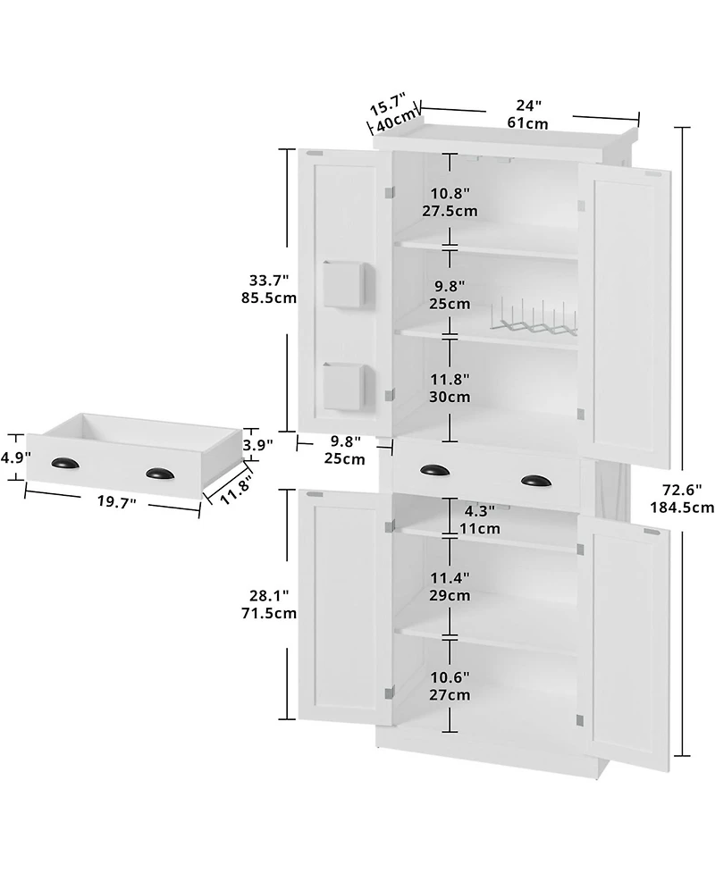 Ironck Kitchen Pantry with Barn Doors, Drawer, 4 Adjustable Shelves, White