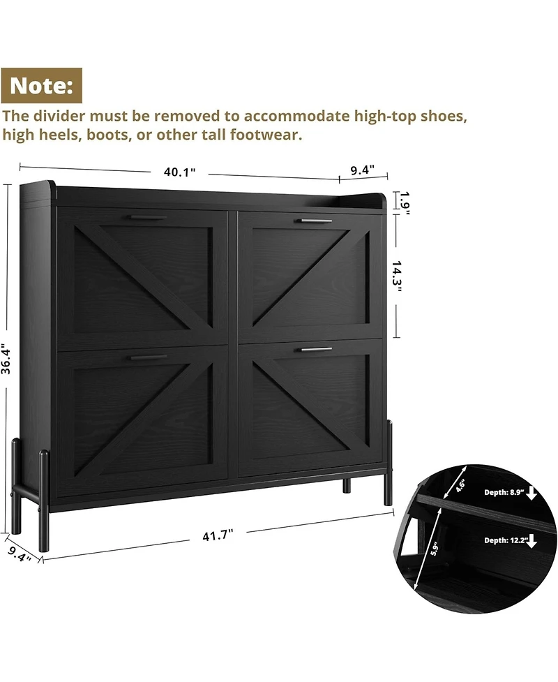 Ironck Shoe Storage Cabinet with 4 Flip Drawers, Metal Legs, Black