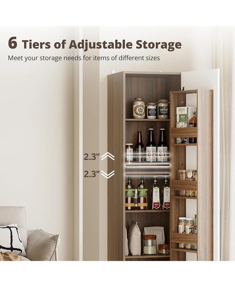 Ironck 70-in Pantry Cabinet with 11 Adjustable Shelves, Walnut and White