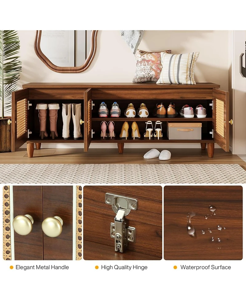 Tribesigns 55" Shoe Bench with Lift Top Storage, 2-Tier Entryway Bench with 3 Rattan Doors