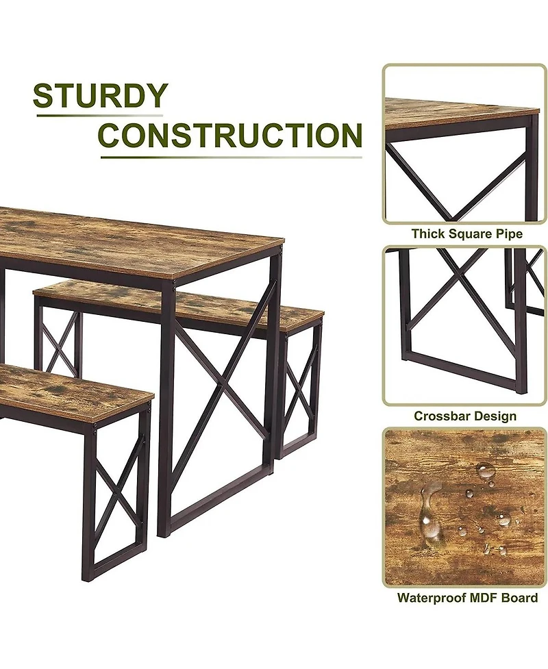Slickblue Wood-Top Kitchen Dining Table with 2 Backless Benches, Industrial Style