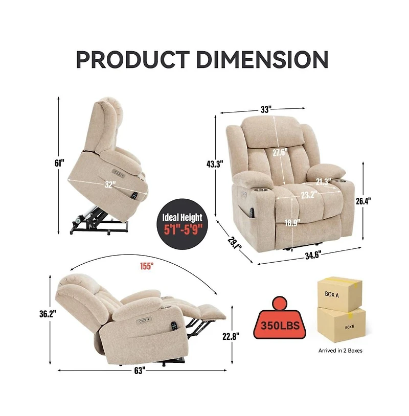 Maison Boucle Power Lift Recliner with Heat & Massage, Electric Chenille Chair Usb Port, Cup Holders Heavy-Duty 350 Lbs Support-Maison