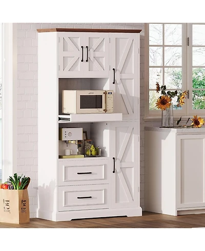 Farmhouse Kitchen Pantry Cabinet with Microwave Stand, Drawers, White