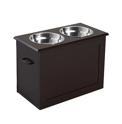 Aostirmotor Dark Brown Raised Pet Feeding Storage Station with 2 Stainless Steel Bowls for Large Dogs