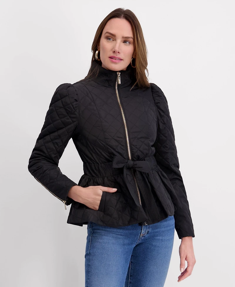 Kensie Women's Quilted Puff Sleeved Belted Jacket