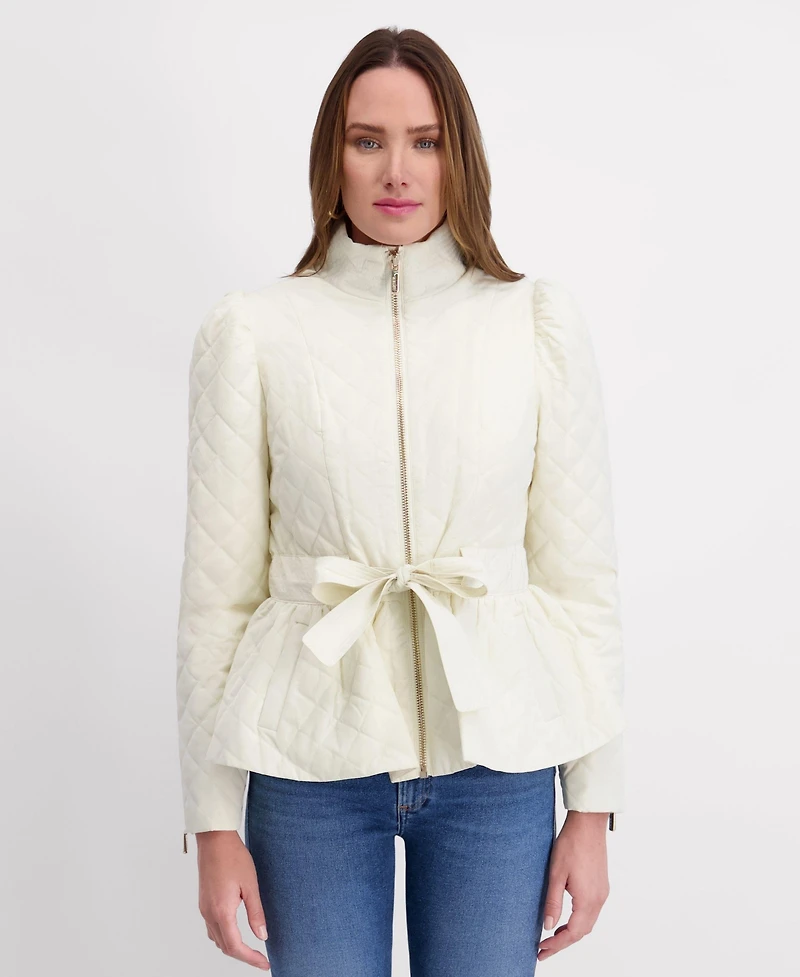 Kensie Women's Quilted Puff Sleeved Belted Jacket
