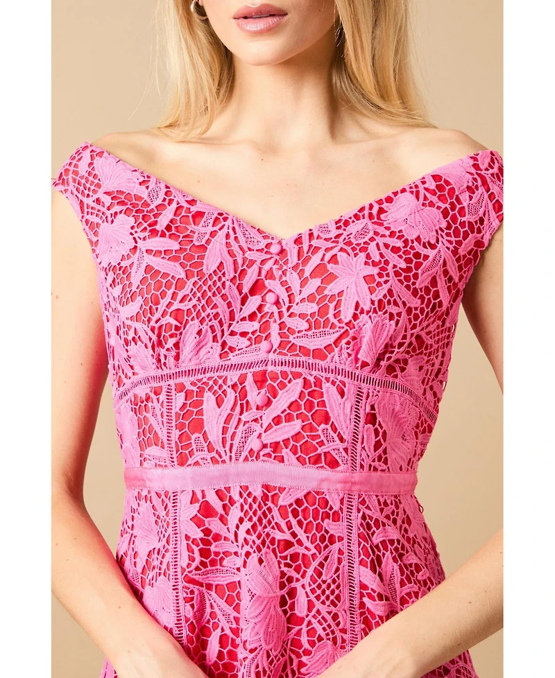Oasis Women's Floral Lace Off The Shoulder Midi Dress