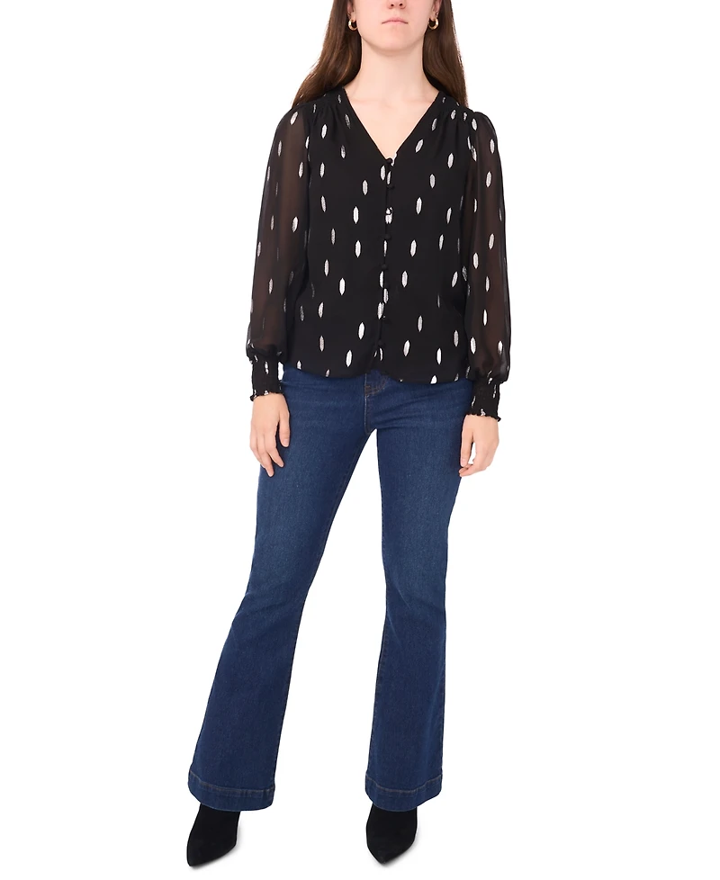Sam & Jess Petite V-Neck Smocked-Trim Long-Sleeve Top