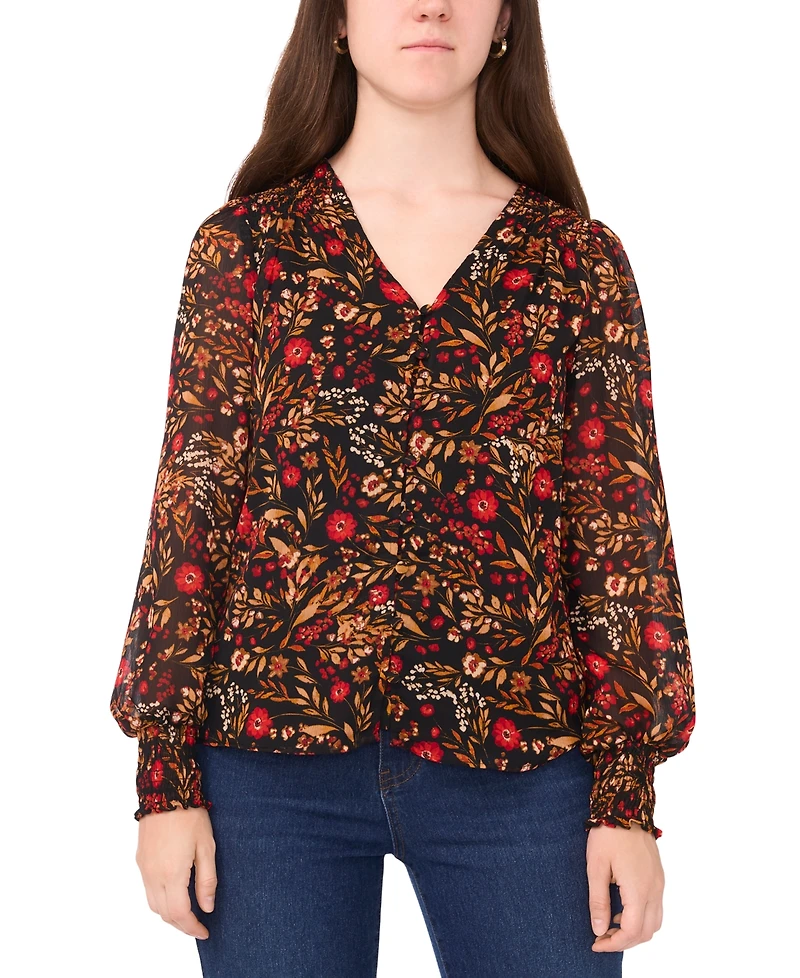 Sam & Jess Petite Printed V-Neck Smocked-Shoulder Blouse