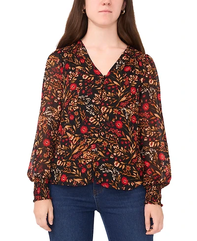 Sam & Jess Petite Printed V-Neck Smocked-Shoulder Blouse