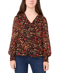 Sam & Jess Petite Printed V-Neck Smocked-Shoulder Blouse