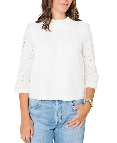 Hope & Henry Women's Organic Ruffle Neck Eyelet Top