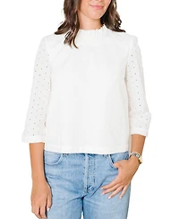 Hope & Henry Women's Organic Ruffle Neck Eyelet Top