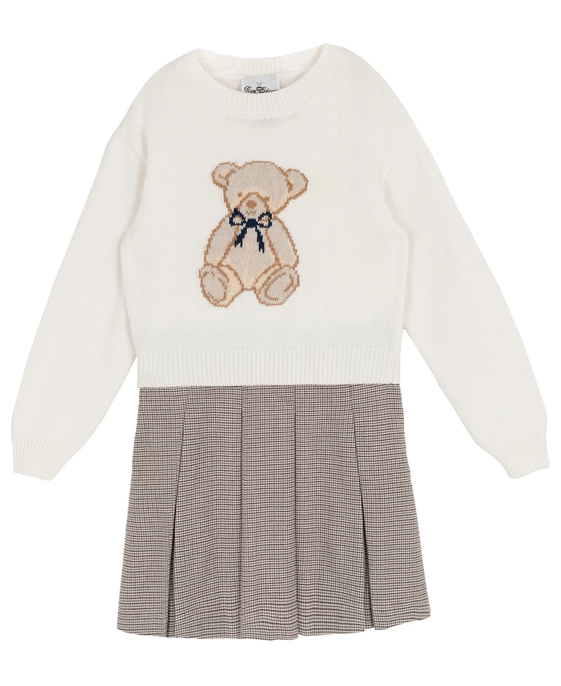 Rare Editions Big Girls 2 piece Teddy Bear Sweater and Plaid Skirt Dress Set