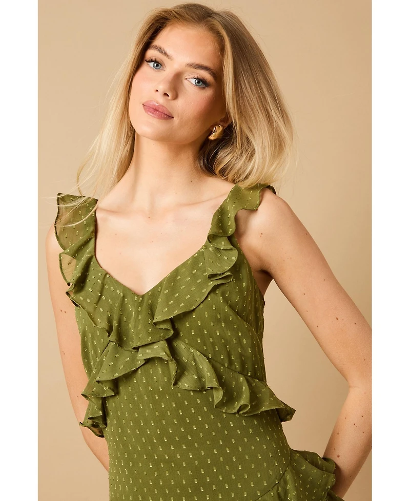 Oasis Women's Dobby Ruffle V Neck Tiered Midi Dress