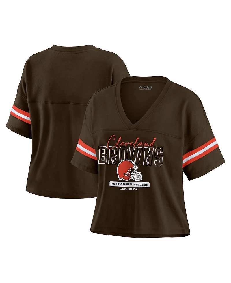 Wear by Erin Andrews Women's Brown Cleveland Browns Color Block Boxy Modest Crop V-Neck T-Shirt